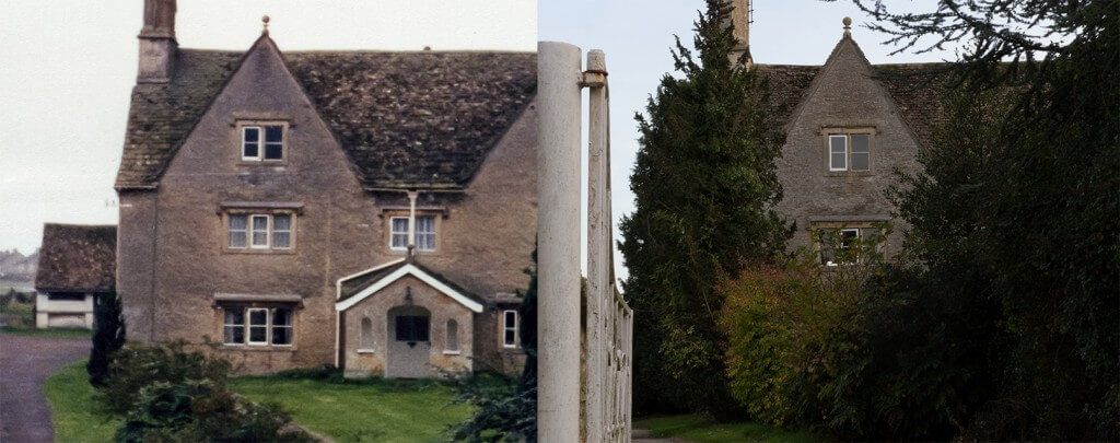 Two photographs looking down a path to The Rawlings' Farm one old one new
