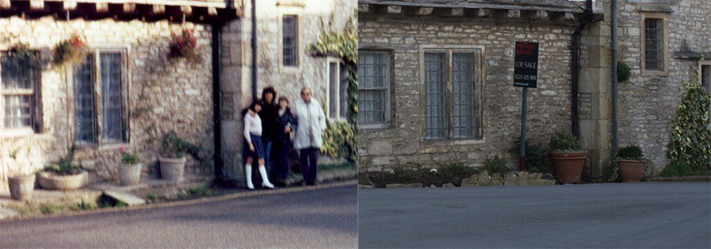 two pictures one old one new front of old building