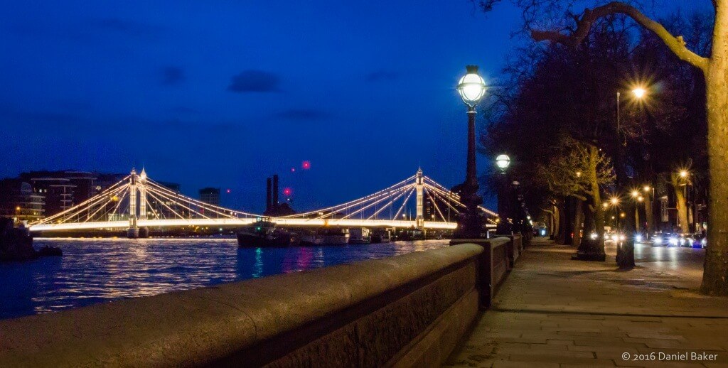 Royal Brompton - Day 3 A photograph of the Chelsea embankment looking towards Battersea power station in blue evening light