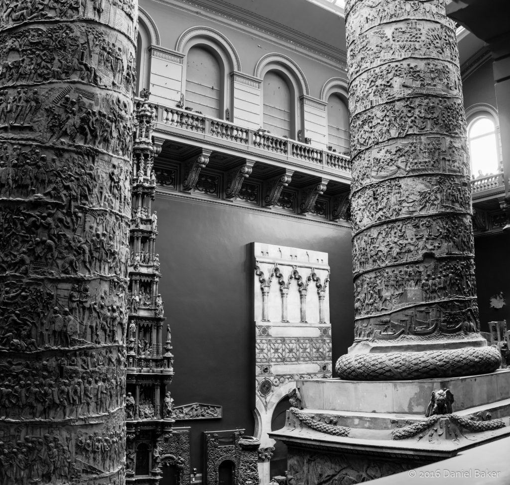 Black and White photograph of Pillars at the Victoria and Albert museum