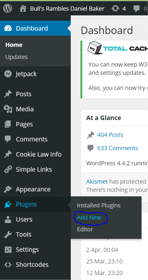 Wordpress screen shot showing location of add plugins