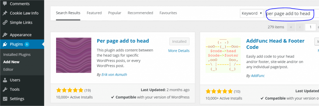 Wordpress screen shot showing adding a plugin