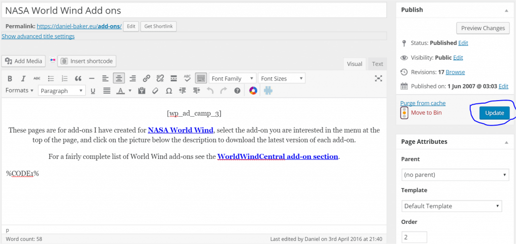 Wordpress screen shot showing location of update button