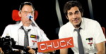 Daniel Baker on the left cosplaying as Chuck and Zachary Levi on the right as Chuck