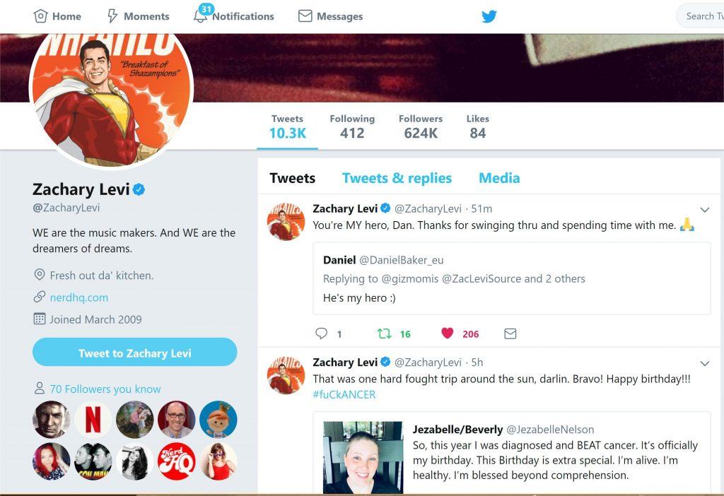 Tweet from Zachary Levi saying "You’re MY hero, Dan. Thanks for swinging thru and spending time with me. 🙏"