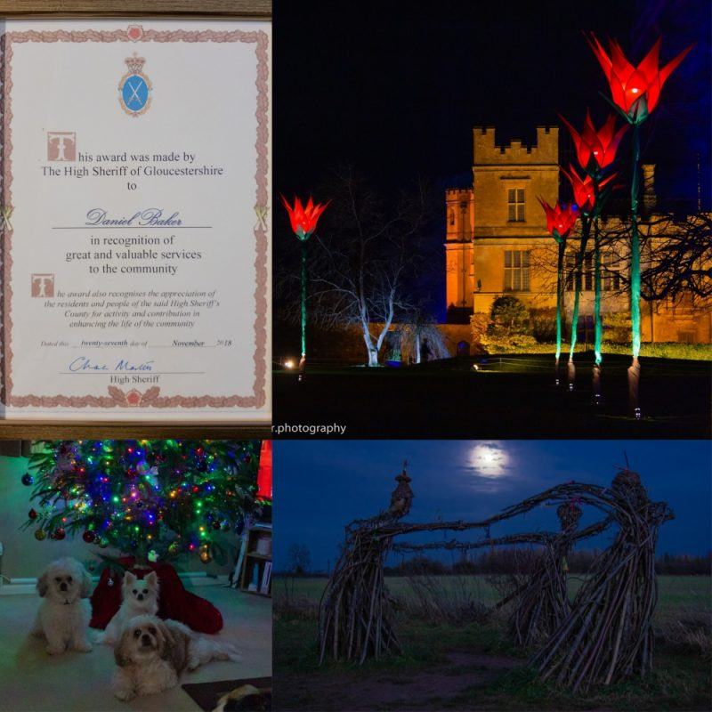 Collage of certificate from the High Sheriff of Gloucestershire, Sudley castle spectacle of light, Kara Mya and Peppa under our Christmas tree and the witches (fairies) of Rollright under the winter solstice moon