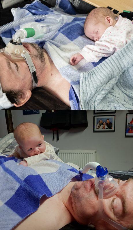 Darcy at two and six weeks laying on Daniel Baker