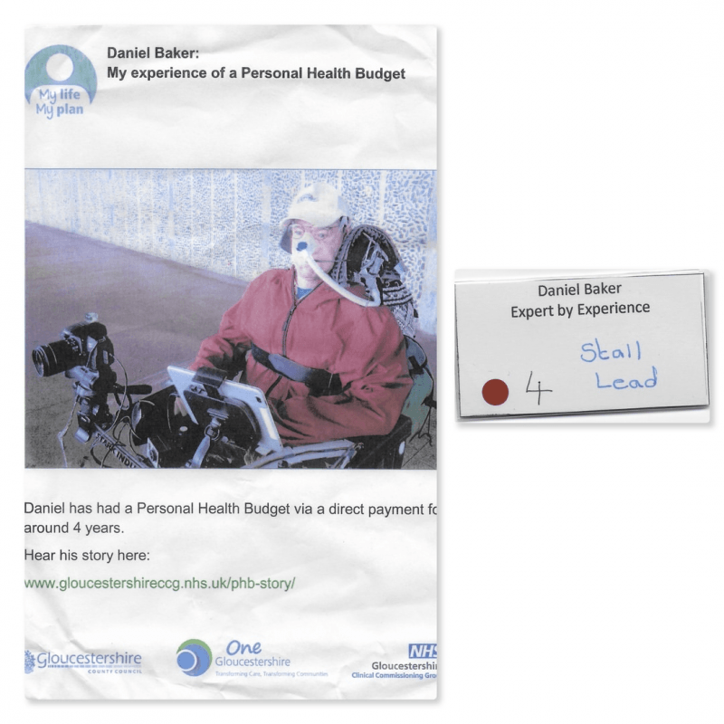 flyer and ID badge from the South West Integrated Personal care conference featuring Daniel Baker