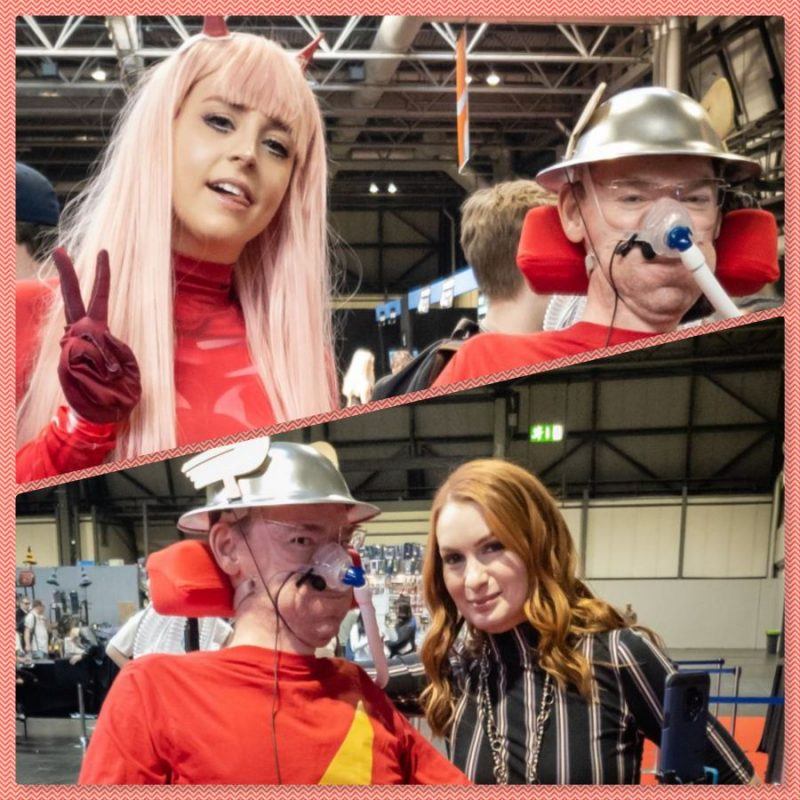 collage of Daniel Baker dressed as Jay Garrick with Aime beside him dressed as Zero Two & Daniel Baker With Felicia Day at Mcm Commiccon Birmingham 2019