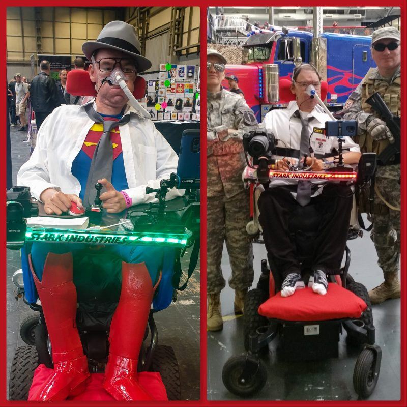 Collage of Daniel Baker at Collectormania 26 wearing a Superman/Clark Kent cosplay on one side and at LFCC 2018 wearing a Chuck cosplay on the other side