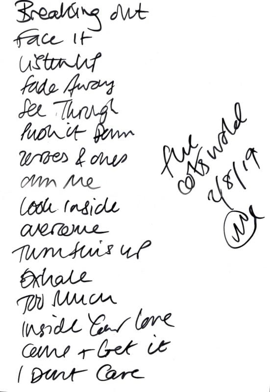 Verity White's Gig at the Cotswold Inn handwritten set list 