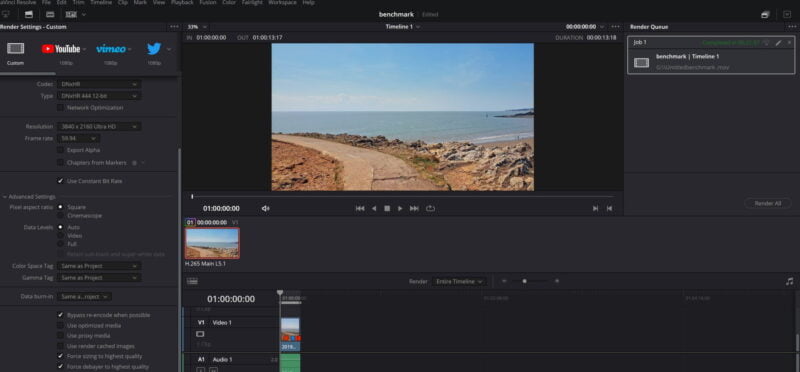 Screenshot showing benchmark results for DaVinci Resolve running on a GTX 1060 6GB