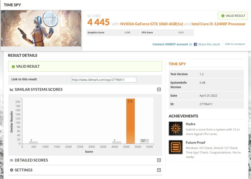Screenshot showing benchmark results for 3D Mark running on a i5-12400F