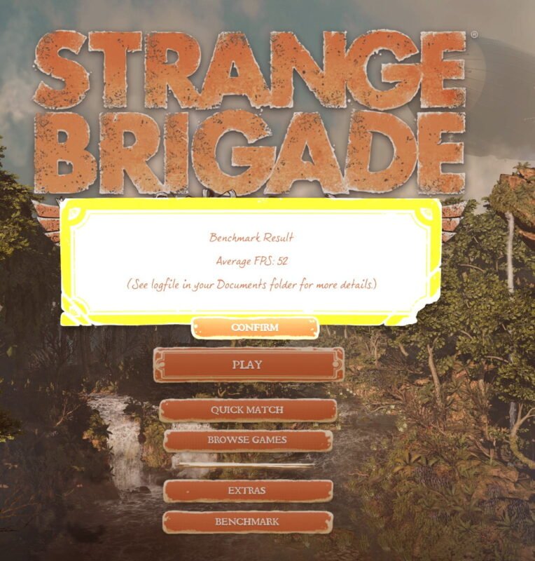 Screenshot showing benchmark results for Strange Brigade running on a GTX 1060 6GB
