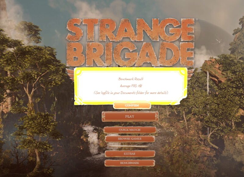 Screenshot showing benchmark results for Strange Brigade running on a RTX 3060 Ti Founders Edition
