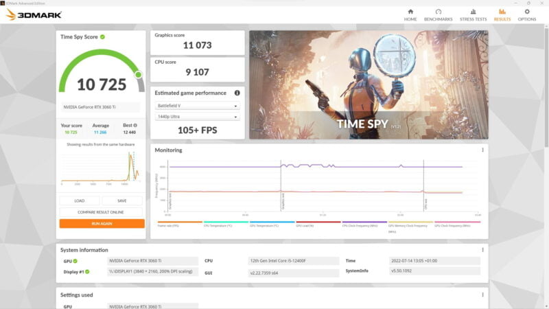 Screenshot showing benchmark results for 3D Mark running on a RTX 3060 Ti Founders Edition