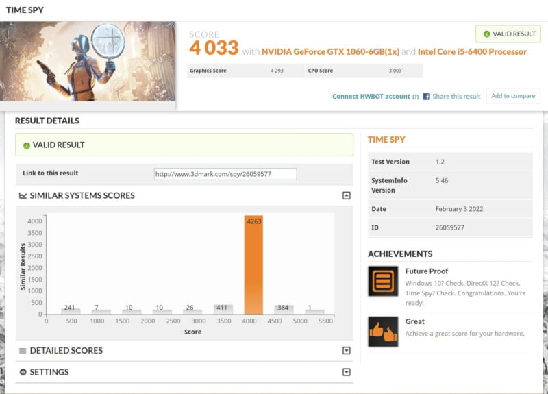 Screenshot showing benchmark results for 3D Mark running on a Core i5-6400