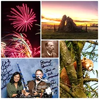 Collage of photos, fireworks, sunset behind some neolithic stones, an old photo of a man with a large moustache, Karen David with Daniel Baker dressed as a knight, a red panda in a tree