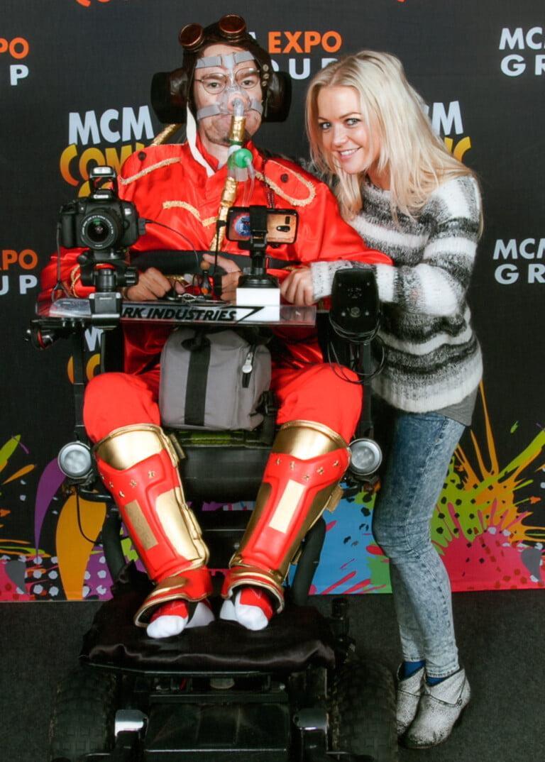 Hannah Spearritt with Daniel Baker dressed as steam punk Iron Man