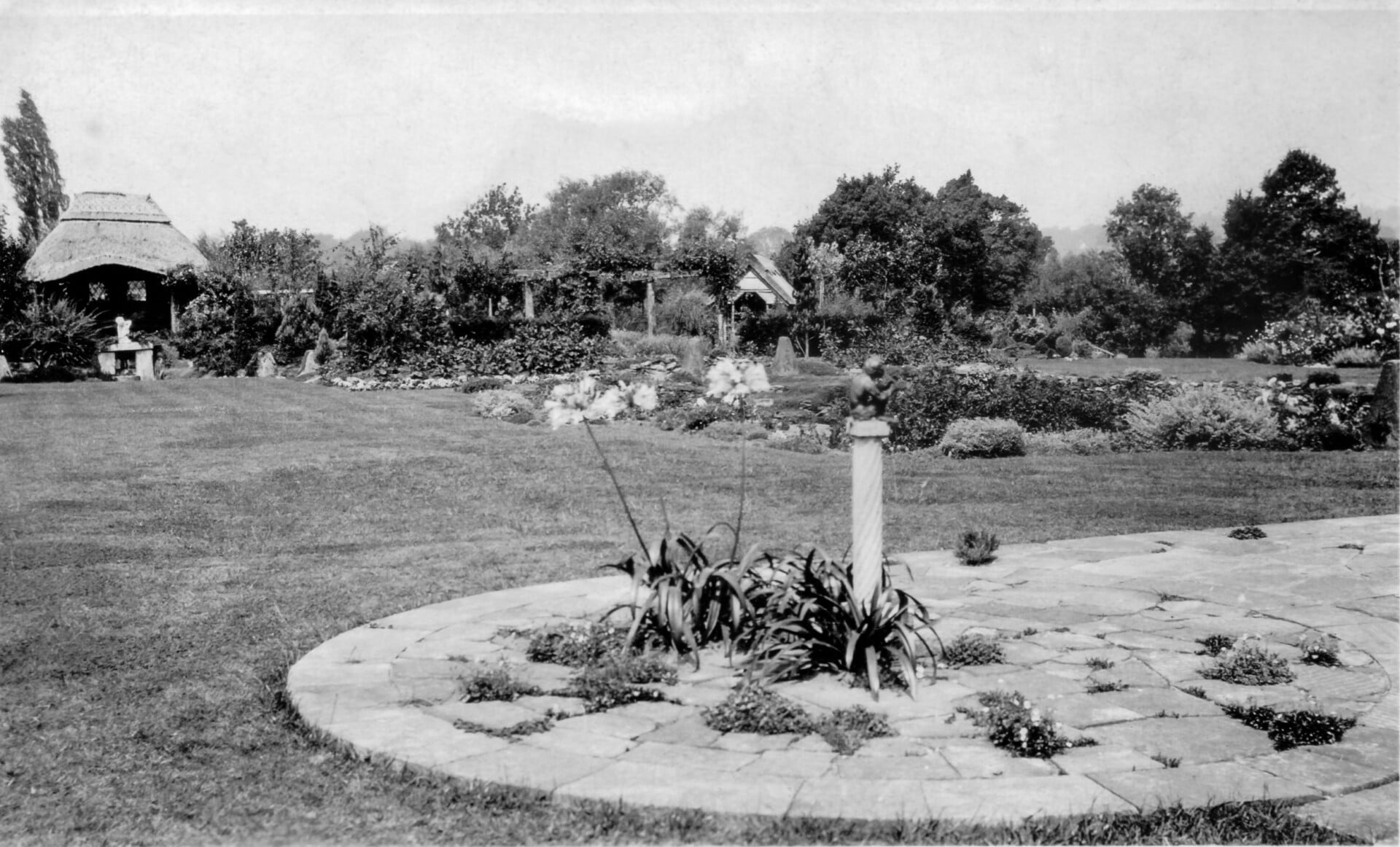 Black and white photo of a picturesque garden