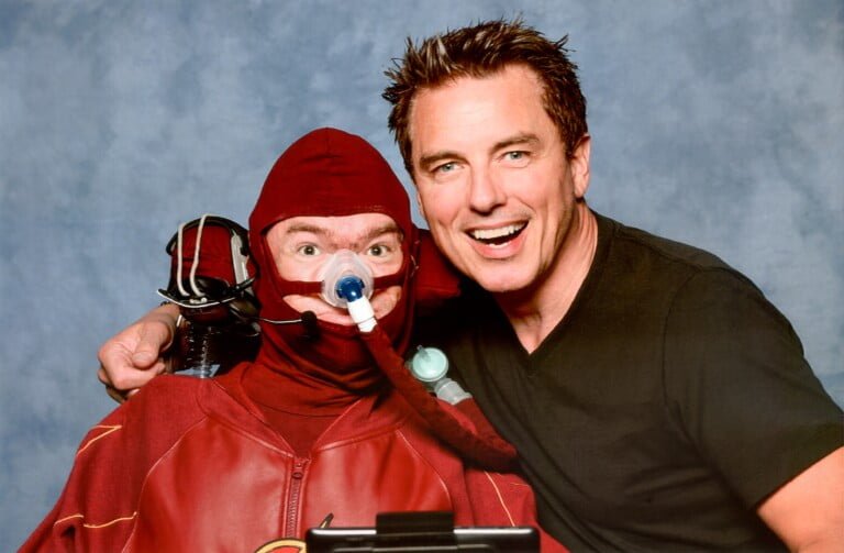 John Barrowman with Daniel Baker dressed as The Flash