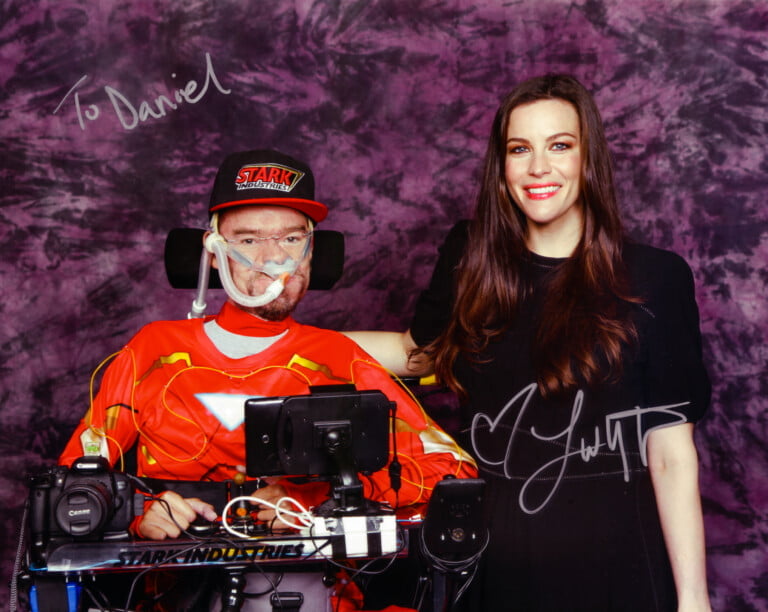 Liv Tyler with Daniel Baker dressed as Iron Man